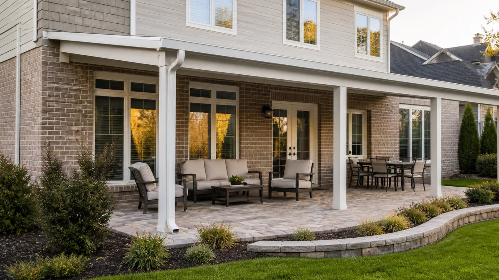 Attached white aluminum patio cover shading a paver terrace behind a brick-and-siding home