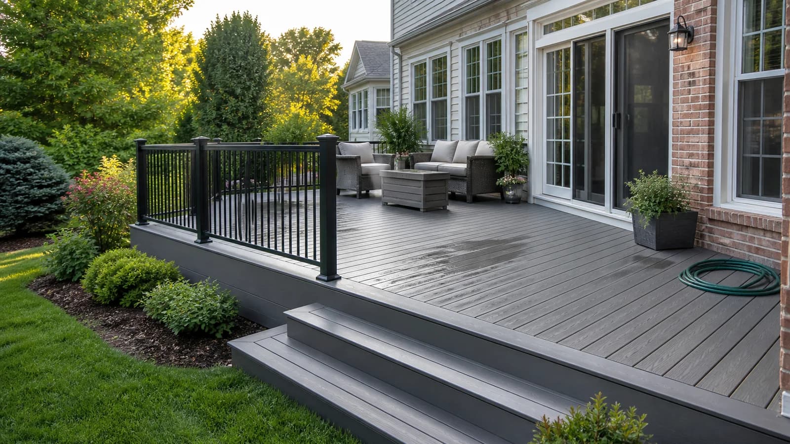Clean gray composite deck with black railing, broad steps, outdoor seating, and a garden hose beside a brick-and-siding home