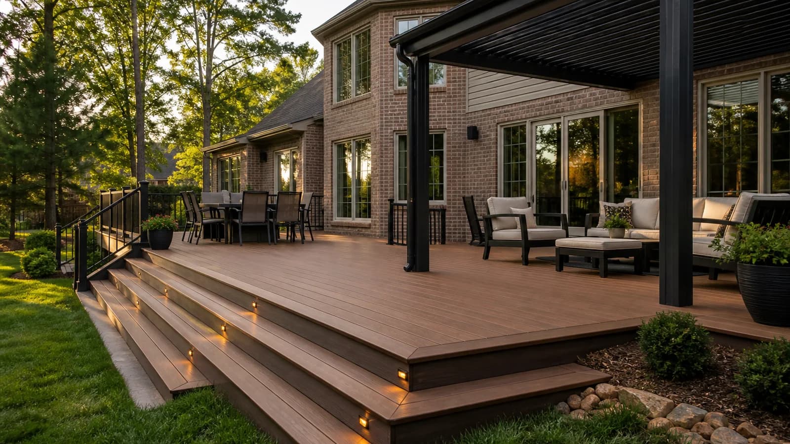 Warm brown low-maintenance deck with broad stairs and a dark aluminum louvered pergola at a Greater Charlotte home