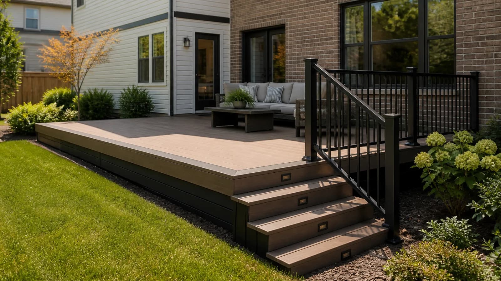 Low composite deck with broad stairs, dark skirting, and black railing beside a brick-and-siding home