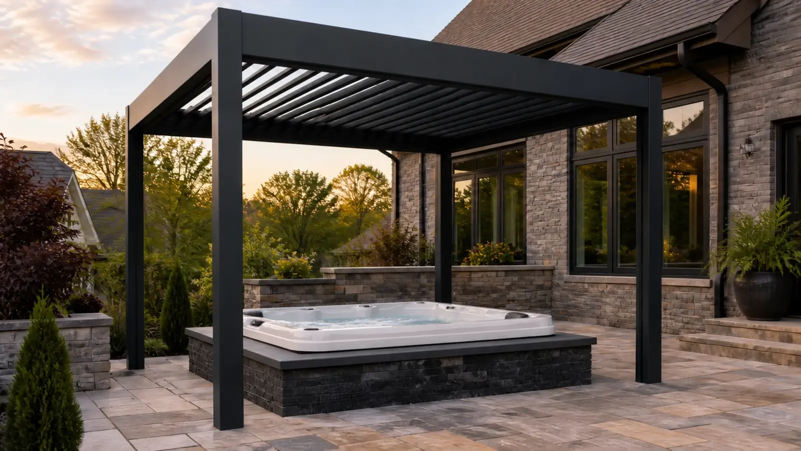 Dark aluminum louvered pergola over an open-air built-in hot tub on a Greater Charlotte patio