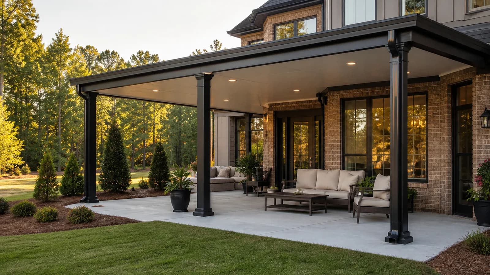 Attached solid insulated patio cover with an opaque roof, integrated lighting, gutters, and aluminum posts at a Greater Charlotte home
