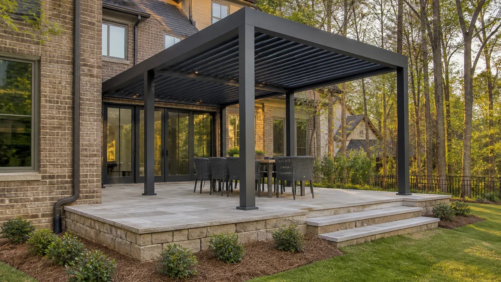 Dark aluminum louvered pergola on a level stone terrace built into a gently sloped Greater Charlotte yard