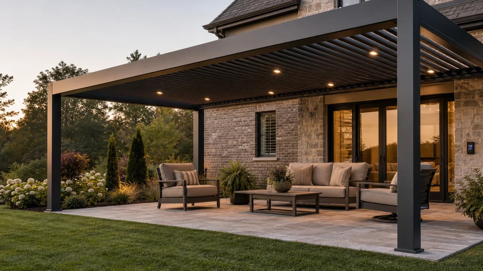 Charcoal motorized louvered pergola with integrated lighting beside a Greater Charlotte home