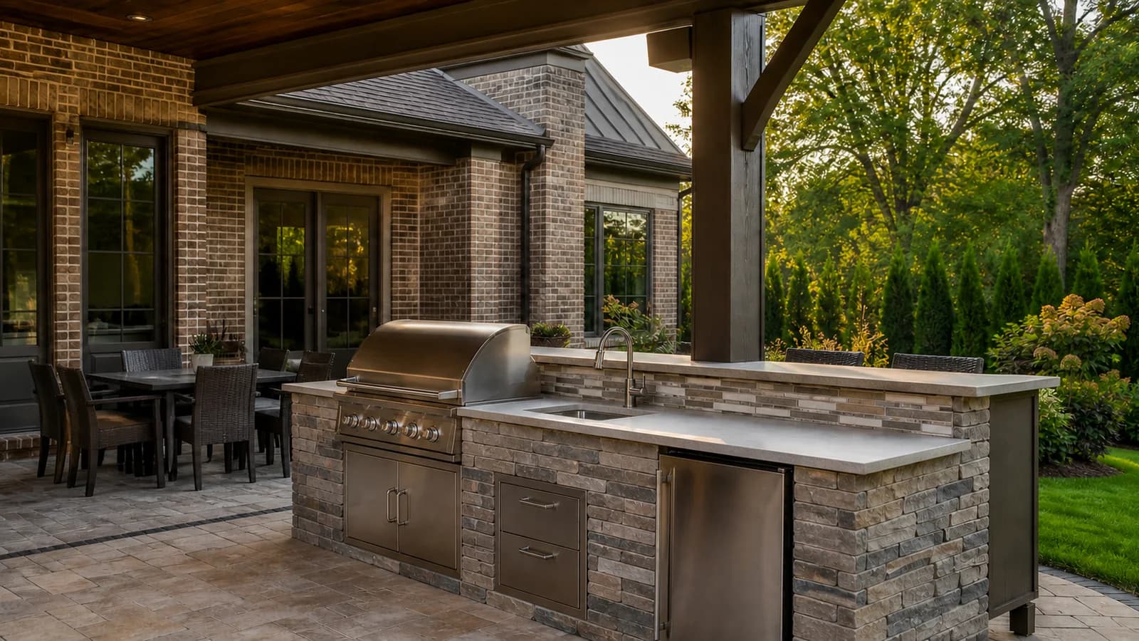 Covered backyard outdoor kitchen with a built-in grill, sink, refrigerator, stone cabinets, and dining area at a brick home