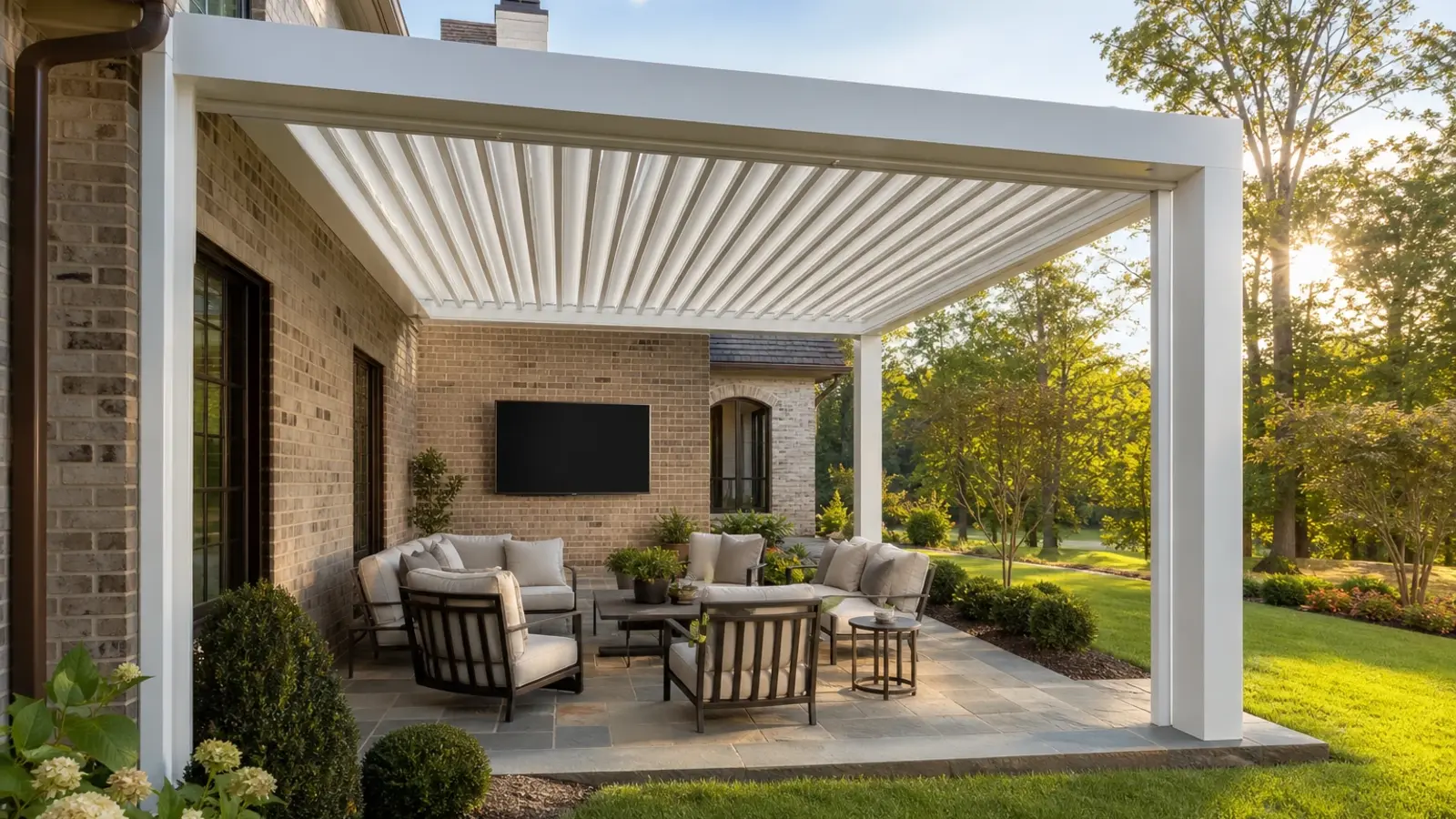 Blank outdoor television mounted on a brick wall beneath a white aluminum louvered pergola