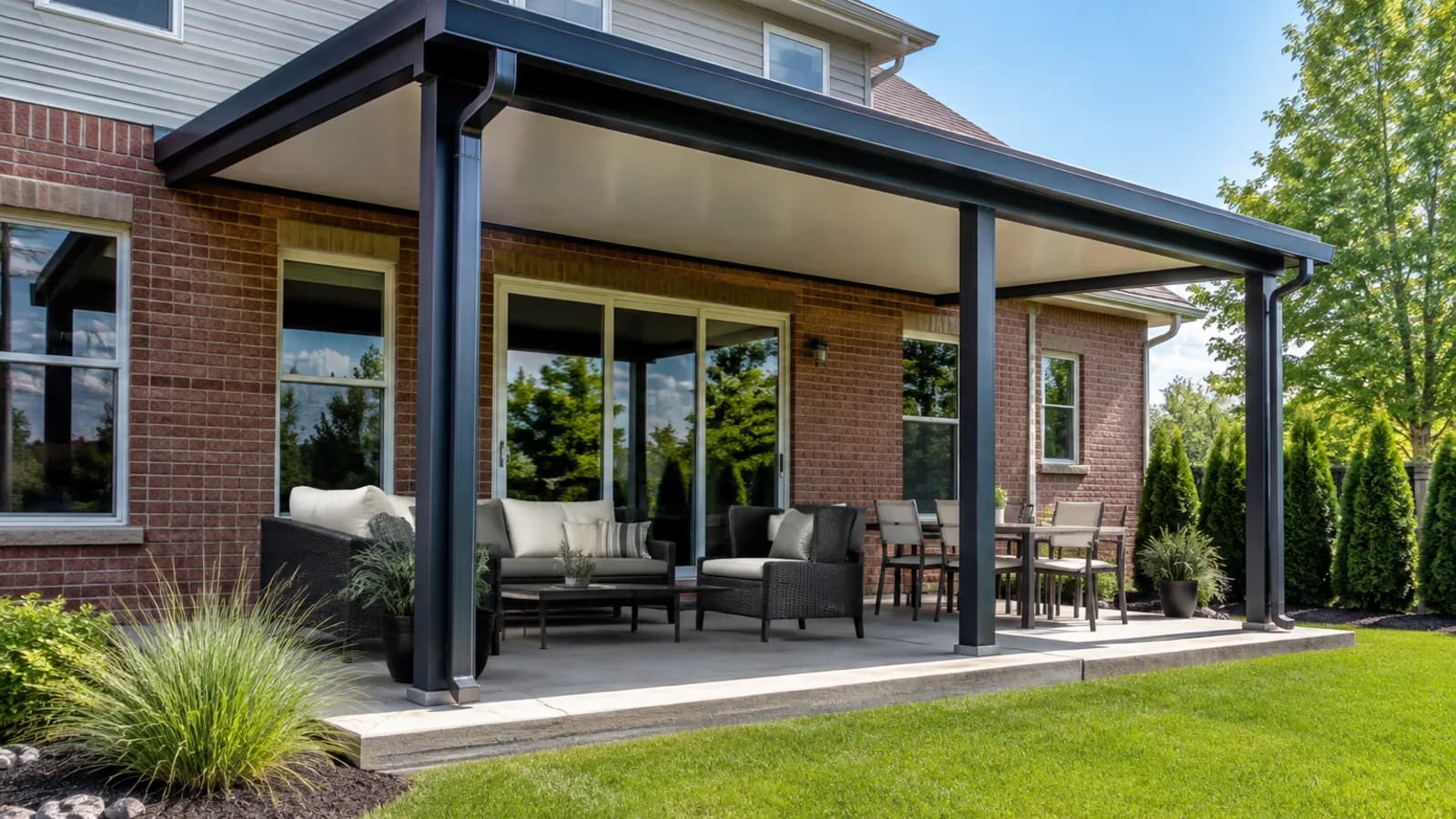 Attached solid aluminum patio cover shading a brick home while nearby glass doors and windows remain bright