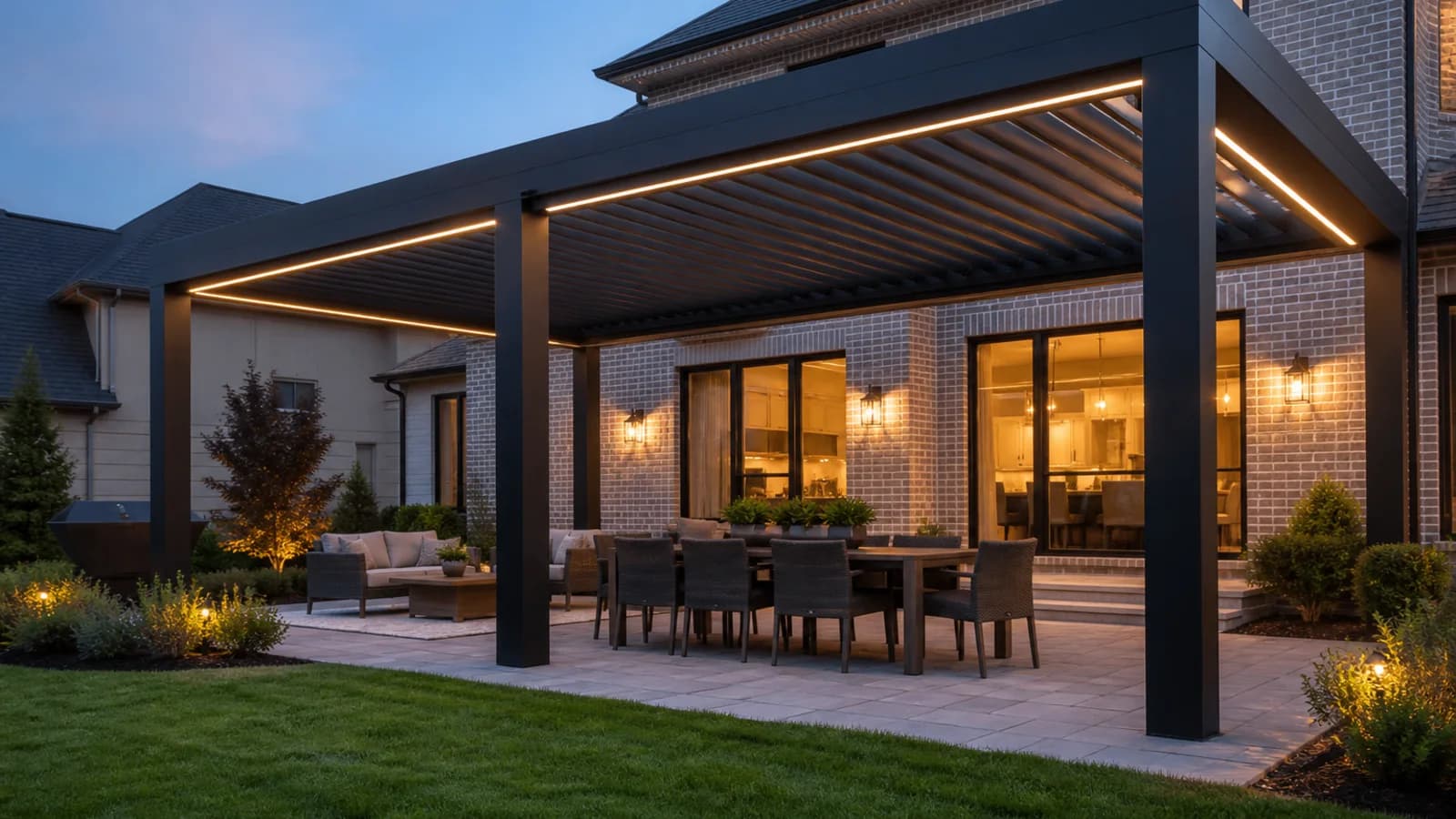 Warm integrated LED lighting beneath a dark aluminum louvered pergola on a Greater Charlotte patio