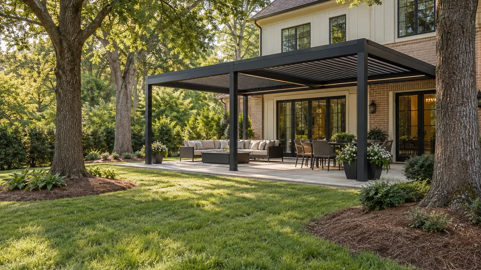 Charcoal aluminum louvered pergola on a stone patio with open lawn and mature oak trees beside a brick-and-siding home