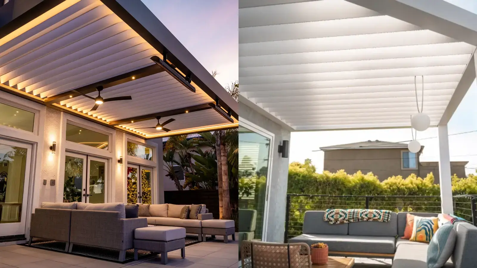 Side-by-side view of an Azenco R-BLADE motorized louvered pergola and an R-BREEZE fixed-louver pergola
