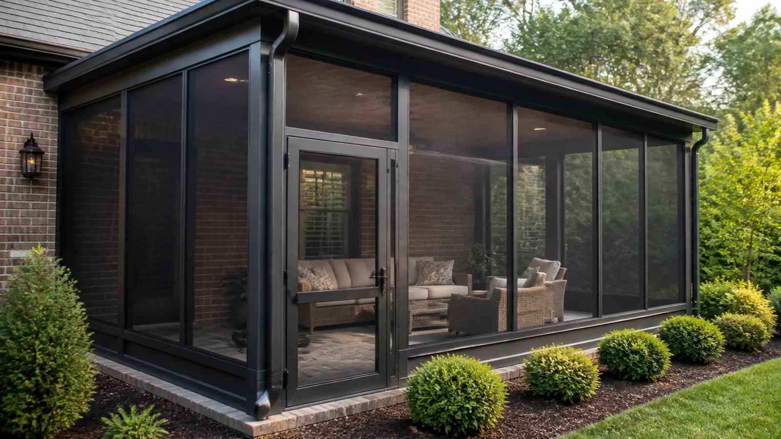 Clean dark aluminum screen room attached to a brick home in Greater Charlotte