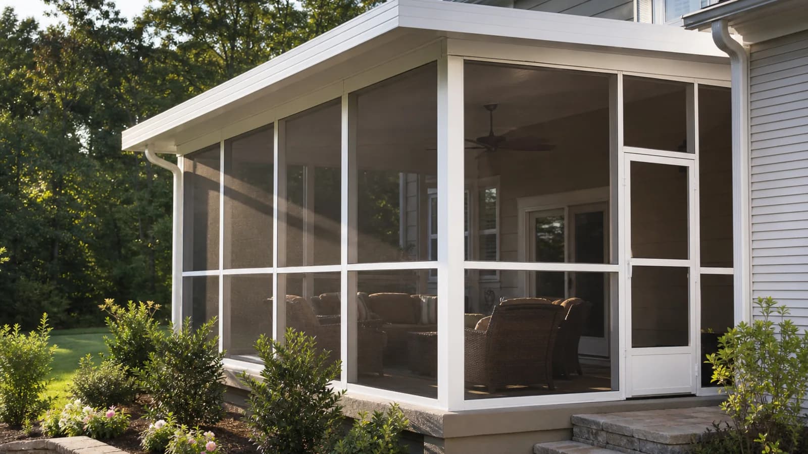 White aluminum screen room with visible insect mesh, a solid roof, gutters, and a screened door at a Greater Charlotte home