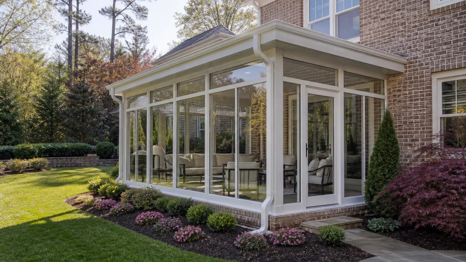 White aluminum and glass sunroom attached to a brick home with a solid roof, gutters, and landscaped drainage