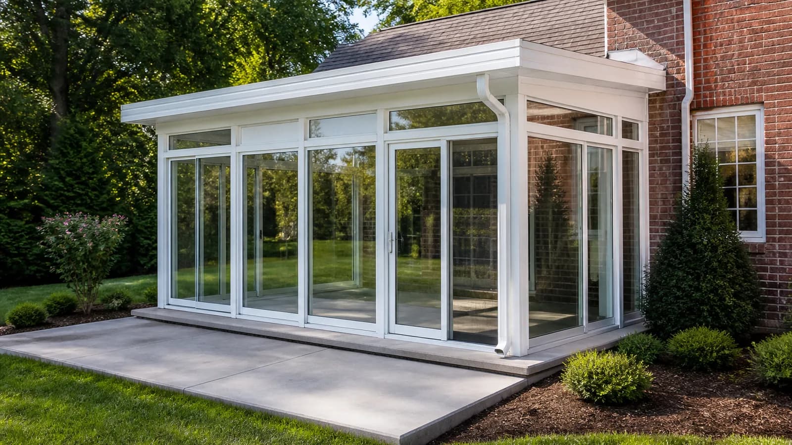White aluminum sunroom attached to a brick home beside a clean ground-level concrete patio
