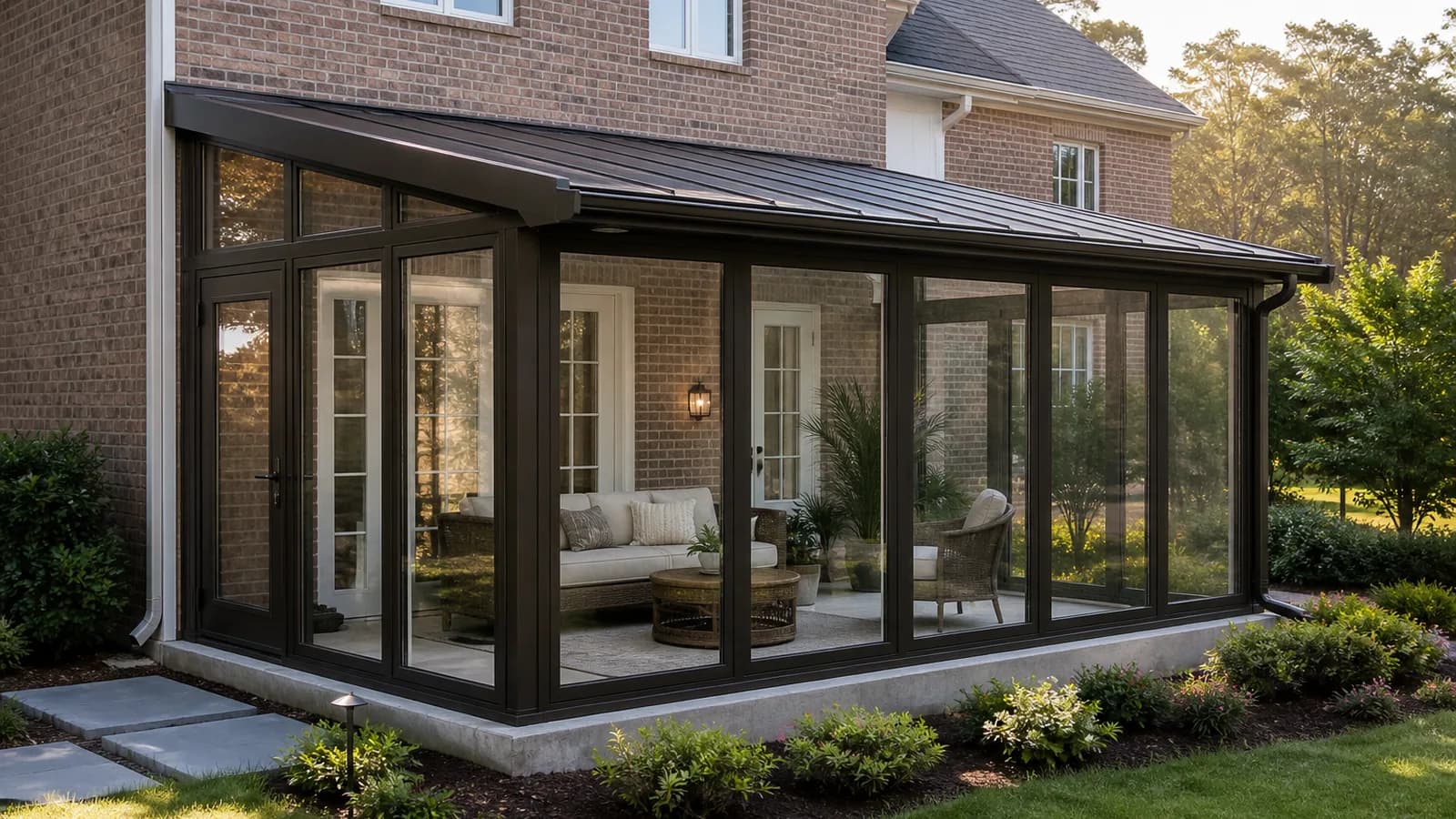 Dark aluminum sunroom attached to a brick Greater Charlotte home in warm morning light