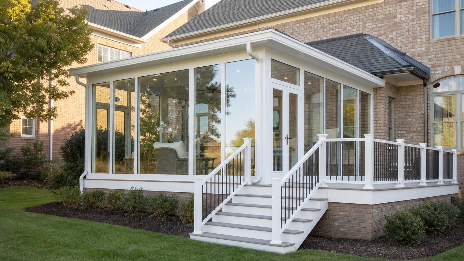 White aluminum sunroom with glass walls, a solid roof, broad stairs, and guardrails attached to a brick home