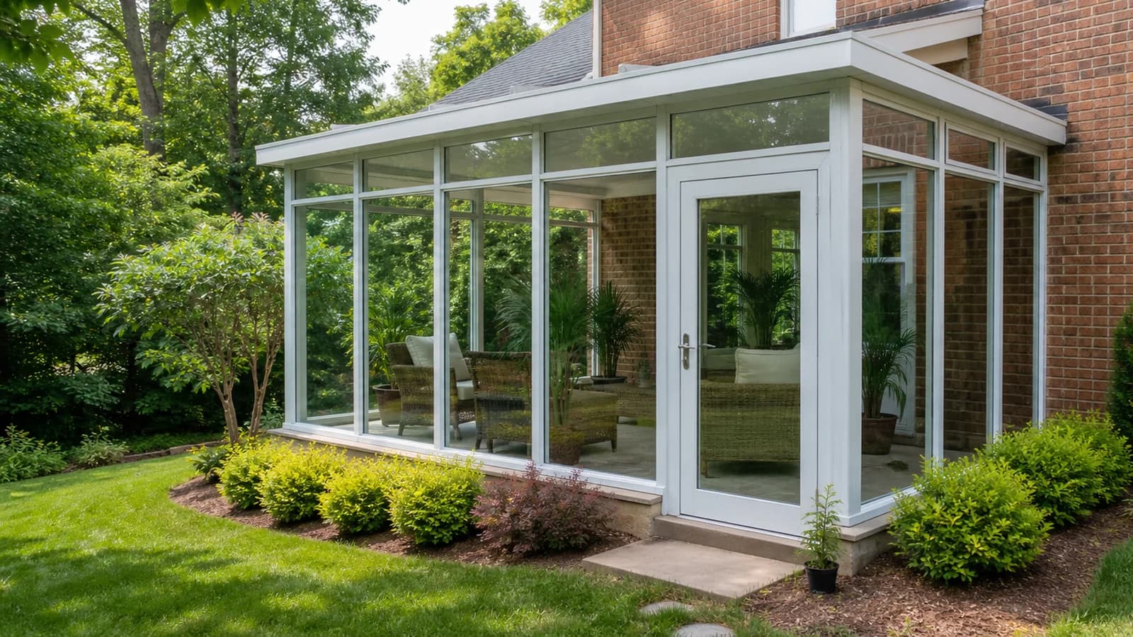 White aluminum sunroom with broad glass walls and an insulated solid roof attached to a brick Charlotte-area home