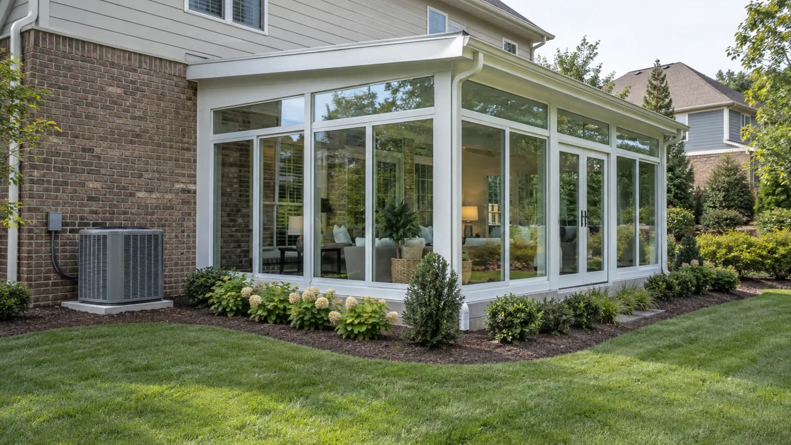 White aluminum-framed sunroom beside a brick-and-siding home with one outdoor heat-pump unit on a separate pad