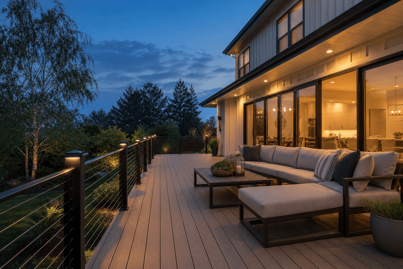 Twilight composite deck with cable railing and outdoor lounge seating