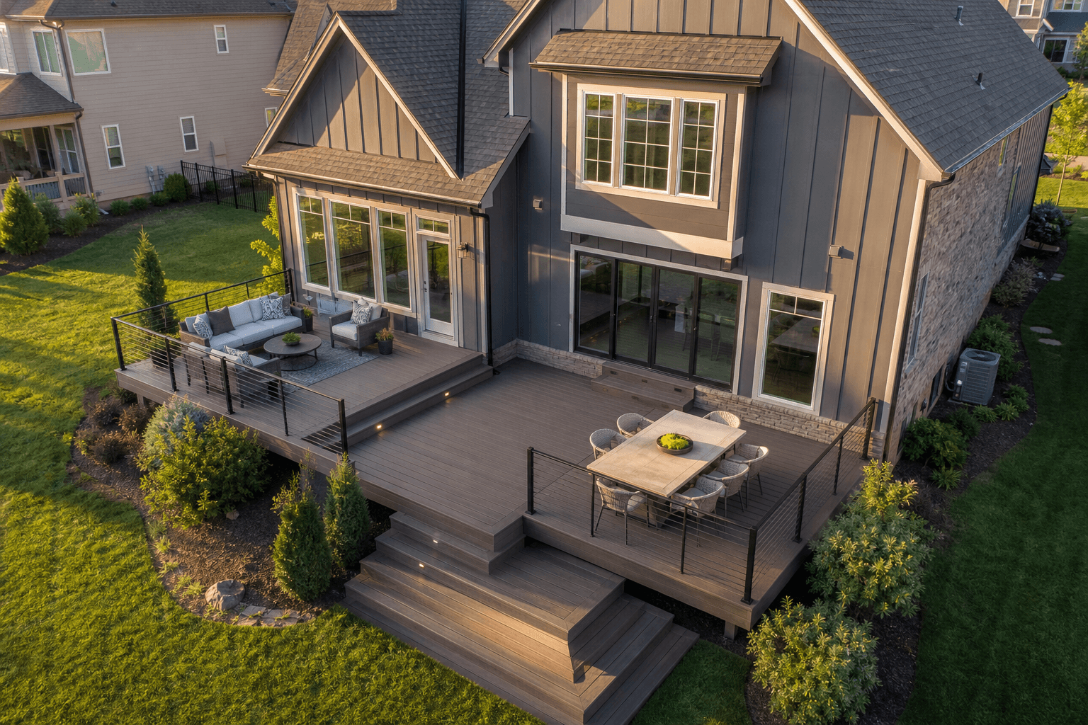 Aerial drone view of a luxury home with high end multi level composite deck