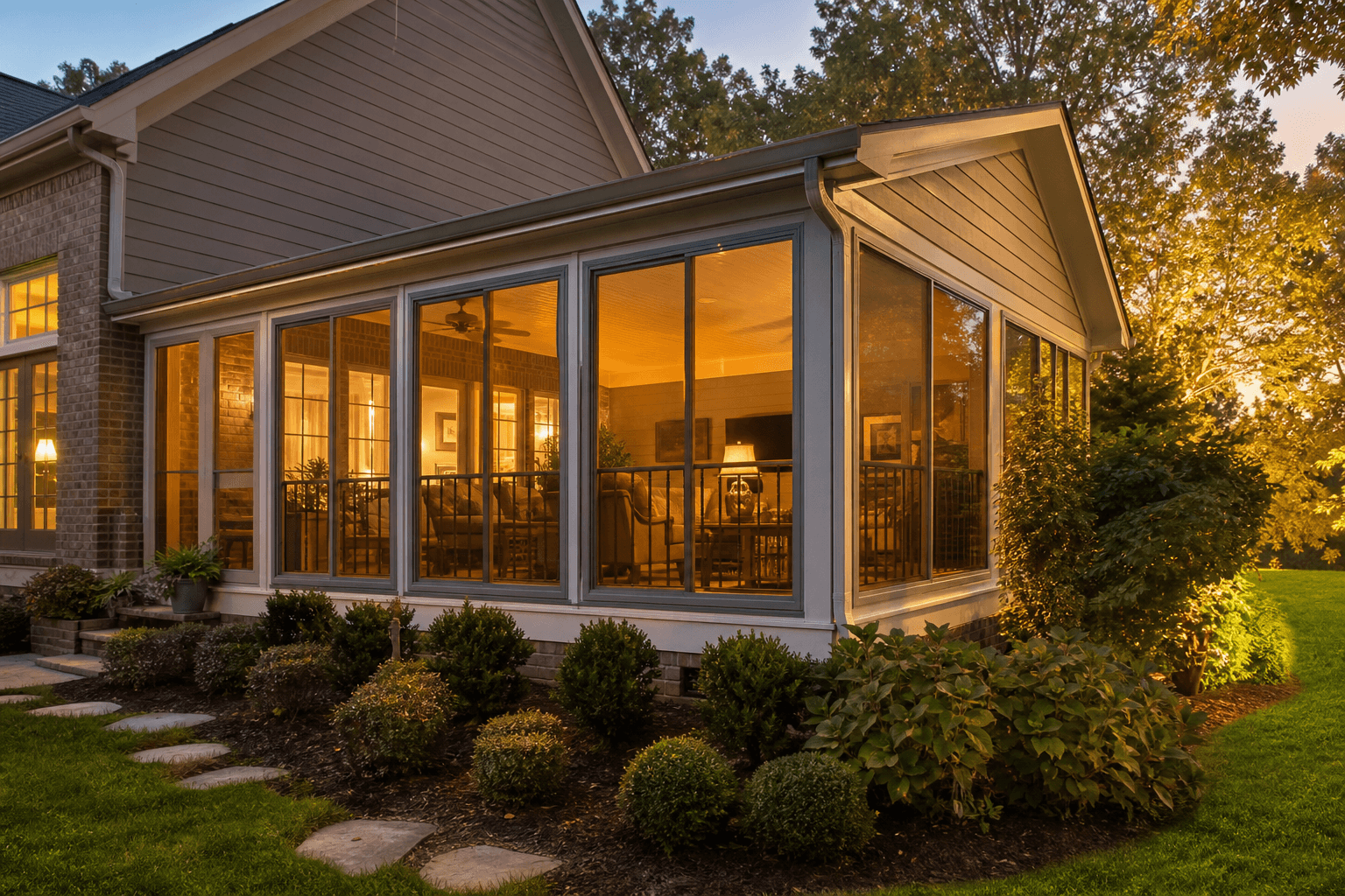 Porch enclosure with warm evening light and landscaping