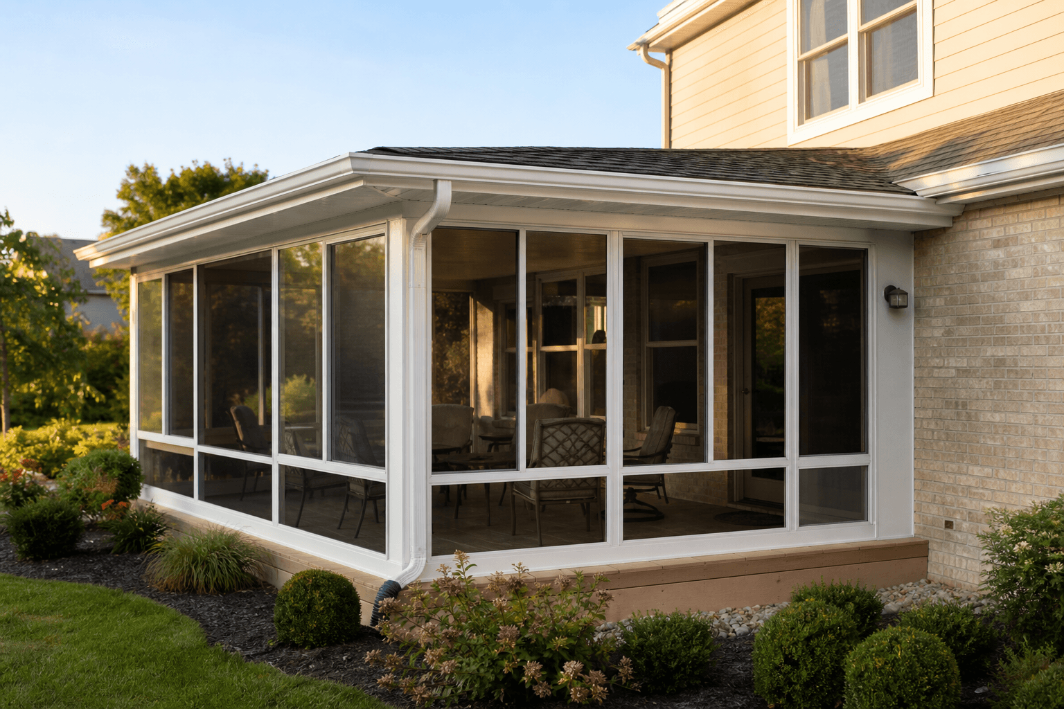 Enclosed covered porch with aluminum framed vinyl sashes and screens on a suburban home