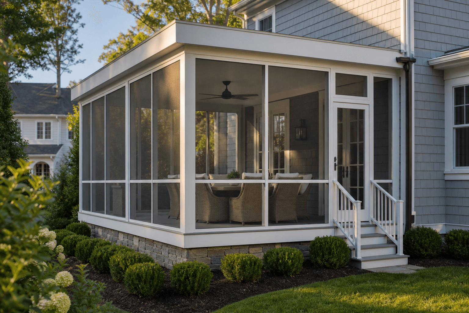 High end white framed screen room with outdoor dining and stone base