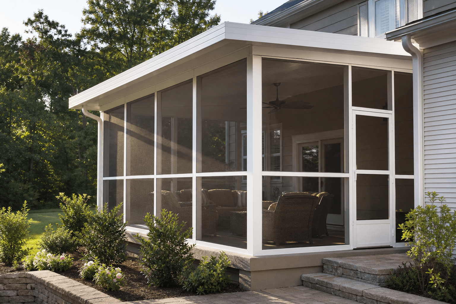 Screened in porch with aluminum frame and mesh screens attached to a home