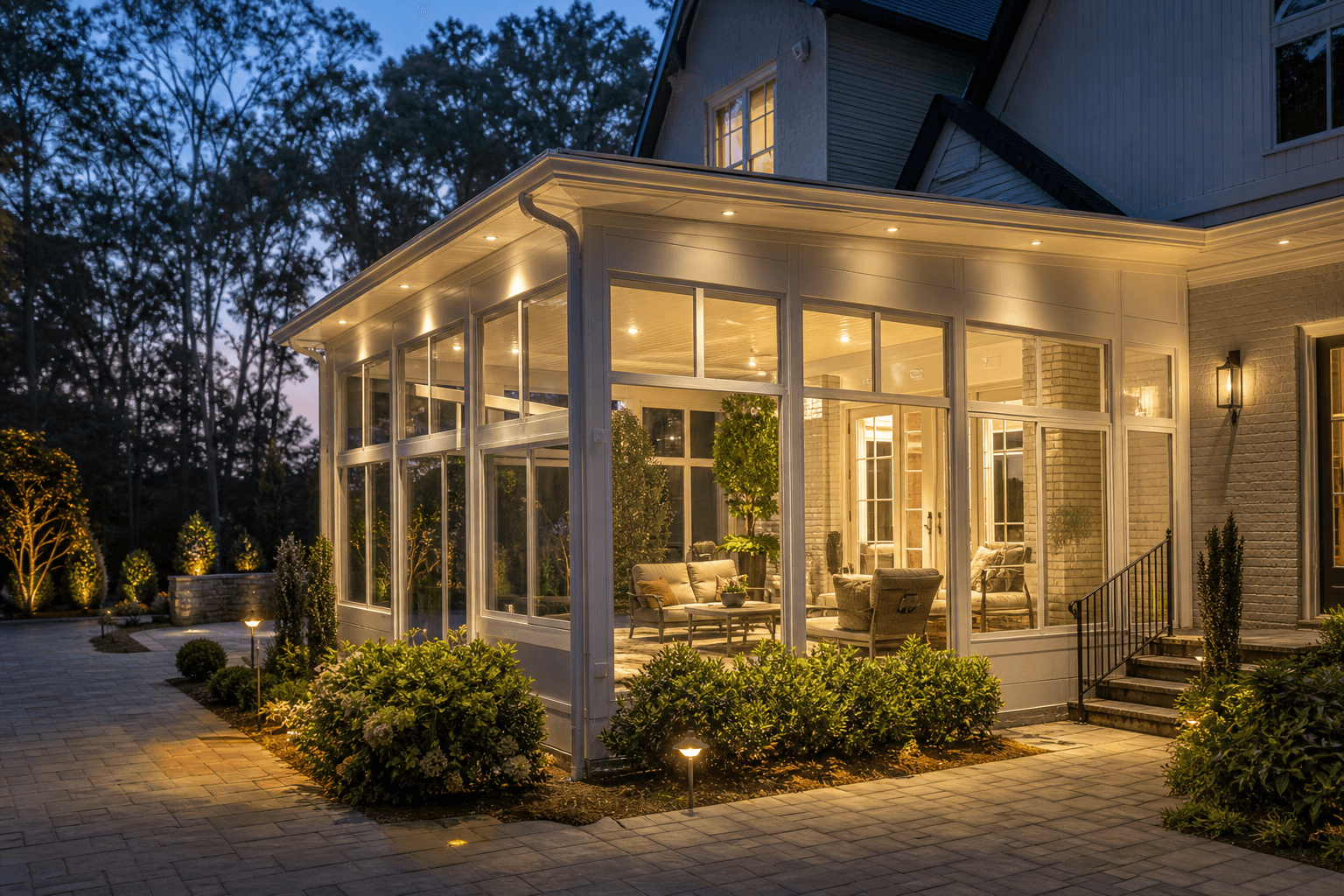 High end glass sunroom glowing at twilight with patio lighting