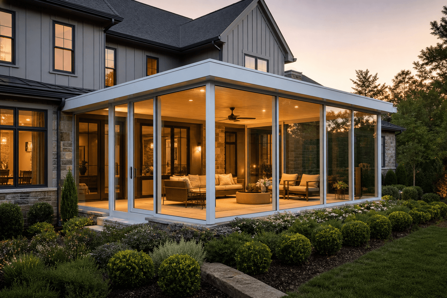 Luxury glass studio sunroom with floor to ceiling windows at dusk