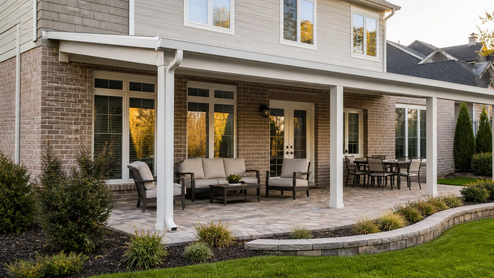 Attached white aluminum patio cover shading a paver terrace behind a brick-and-siding home