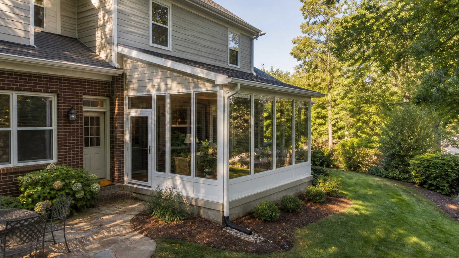 White framed glass sunroom attached to the rear corner of a brick-and-siding home beside a shaded lawn