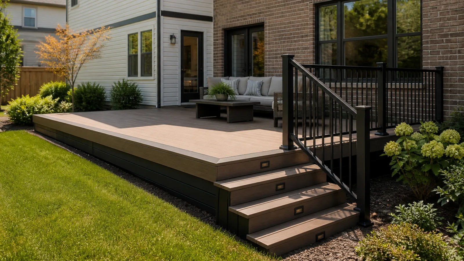 Low composite deck with broad stairs, dark skirting, and black railing beside a brick-and-siding home