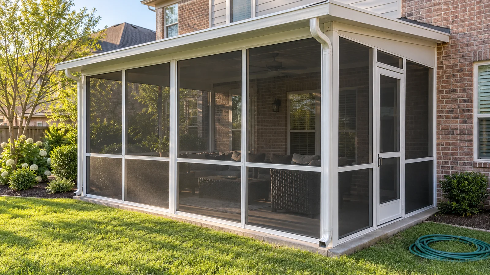 White aluminum-framed screen room with dark insect-mesh panels beside a brick home
