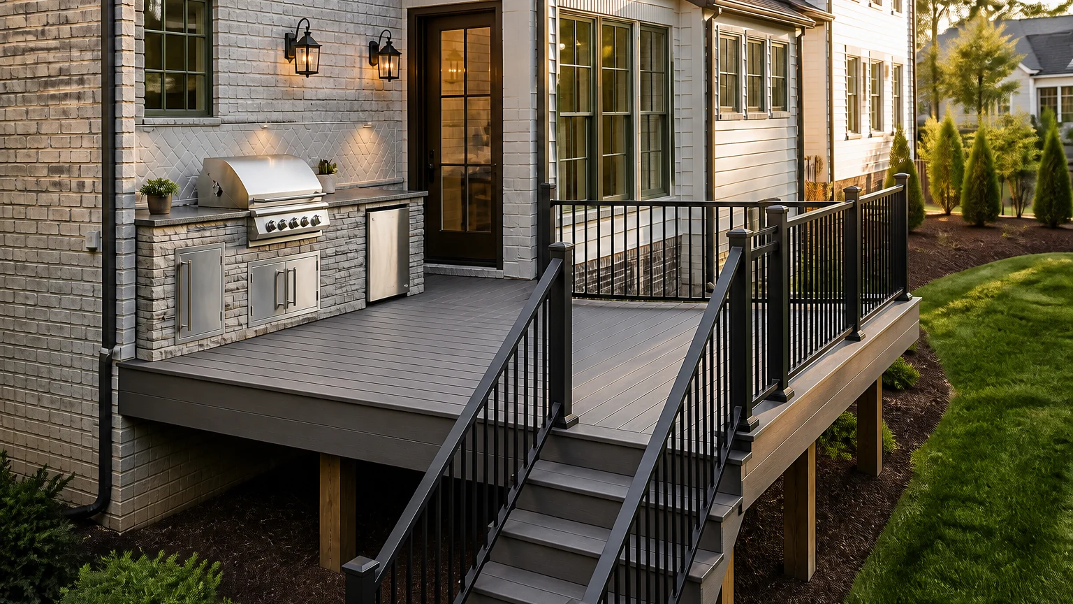 Built-in stainless outdoor kitchen on a raised gray composite deck with black railings and stairs