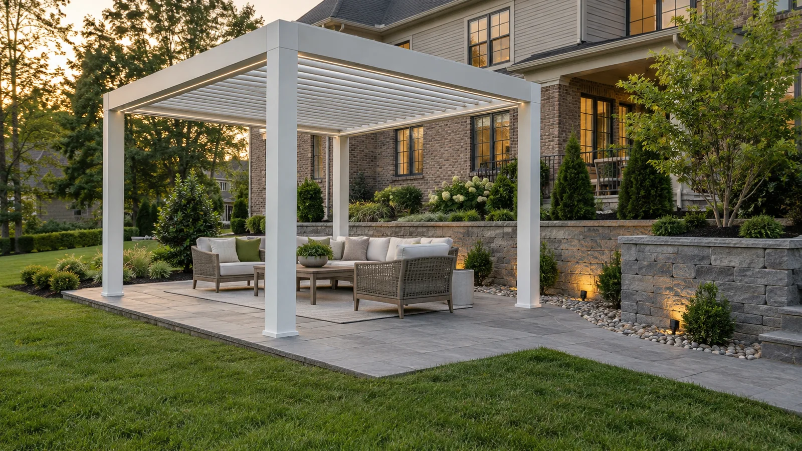 White aluminum louvered pergola on a stone patio beside a low gray retaining wall and landscaped slope