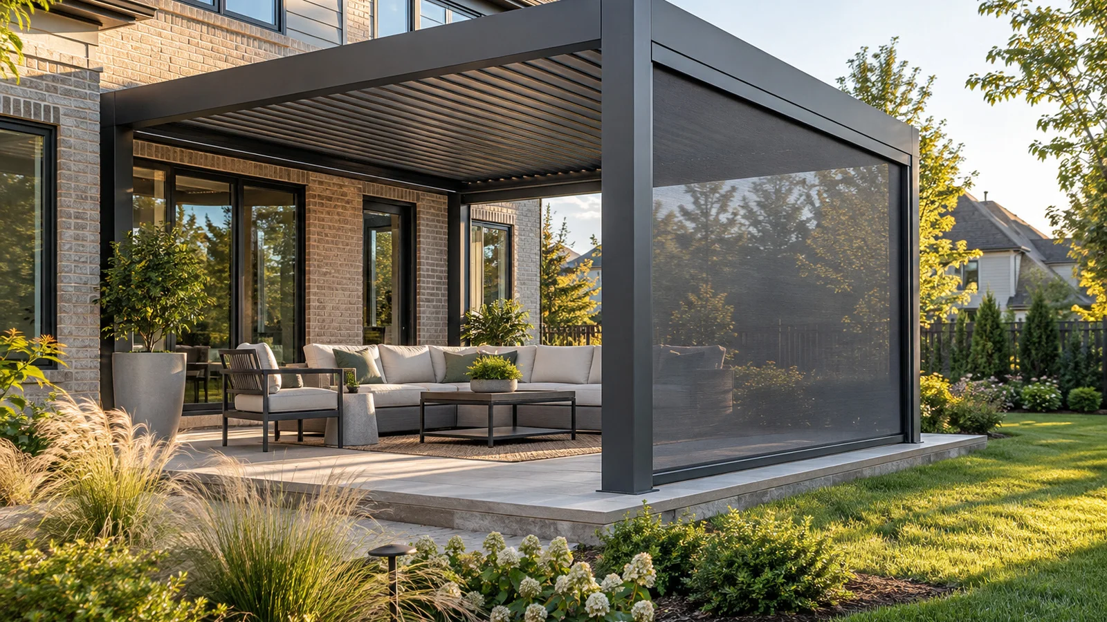 Dark aluminum louvered pergola with a translucent retractable mesh screen lowered in straight side tracks