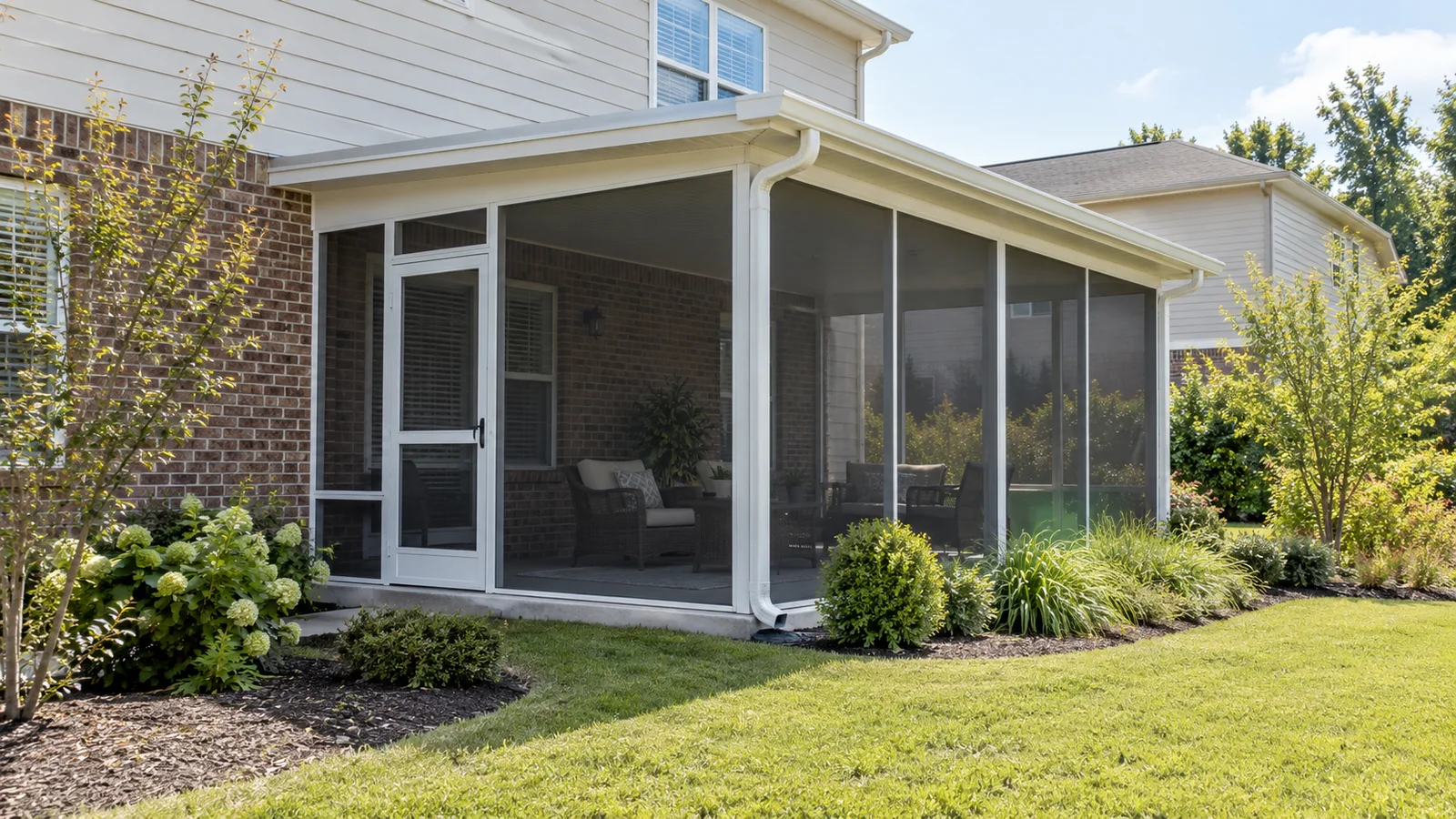White aluminum screen room with dark insect-mesh wall panels attached to a brick-and-siding home