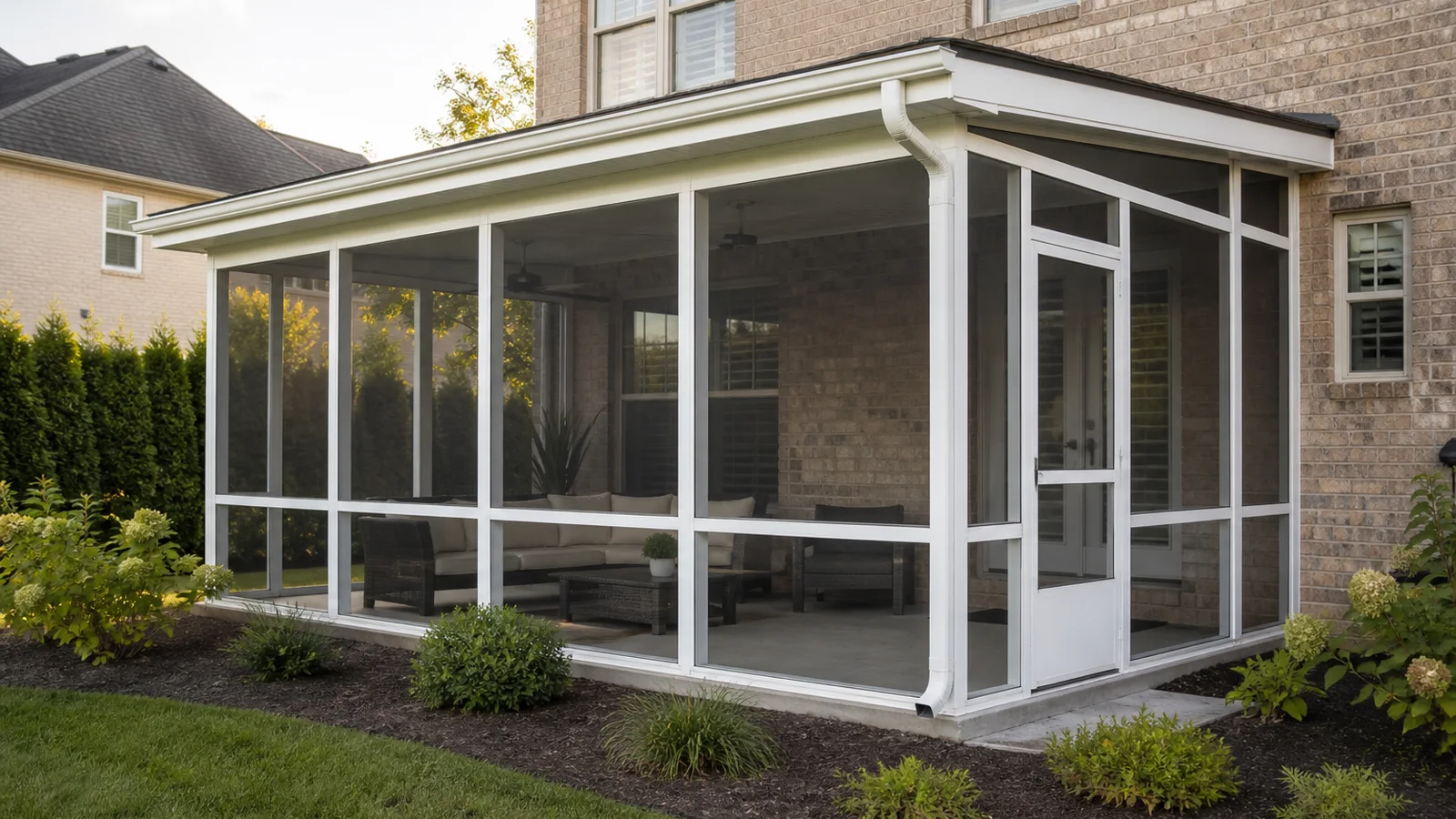 Attached white aluminum screen room with a solid roof, screened door, gutters, and large mesh panels at a brick home