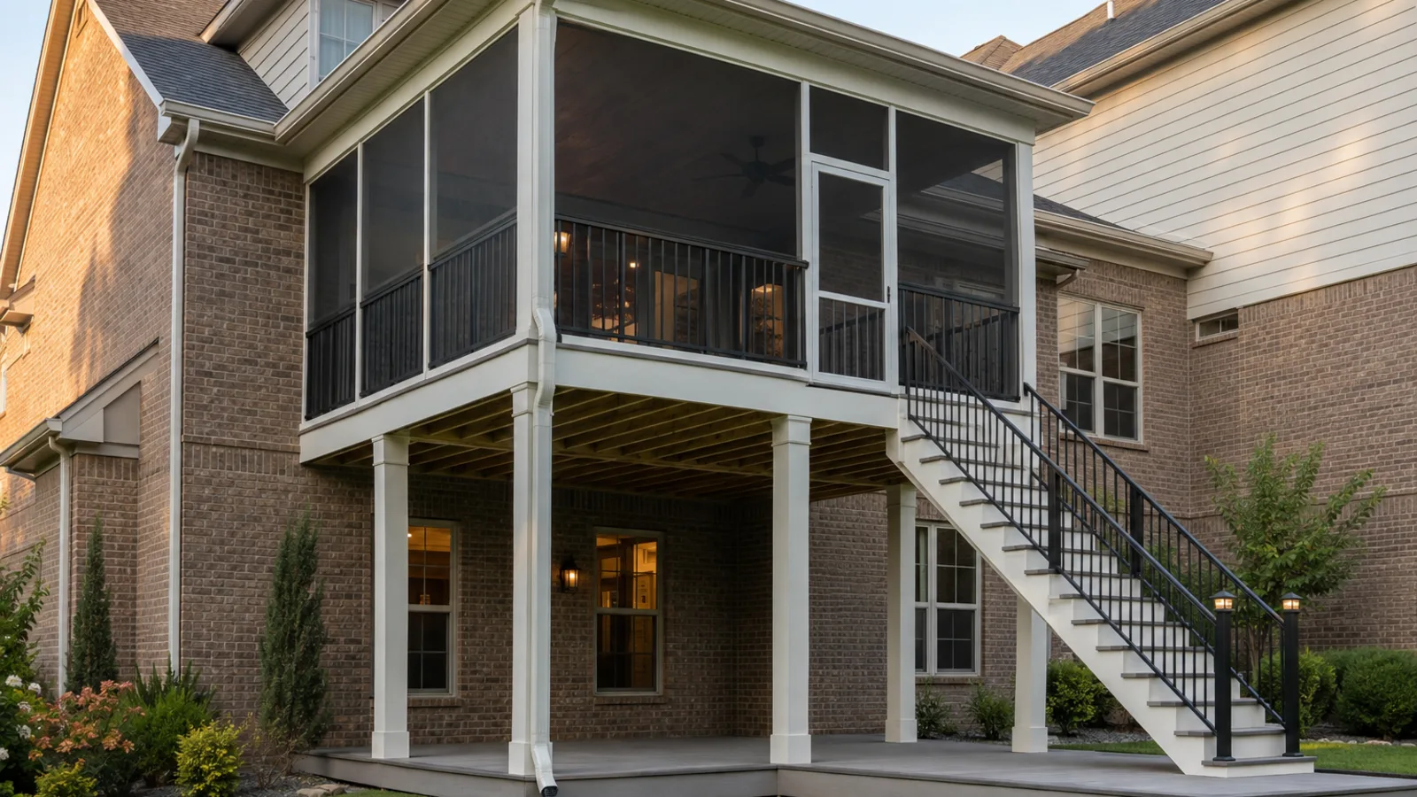 Elevated screened porch with dark mesh panels, white framing, black railings, stairs, and visible deck supports