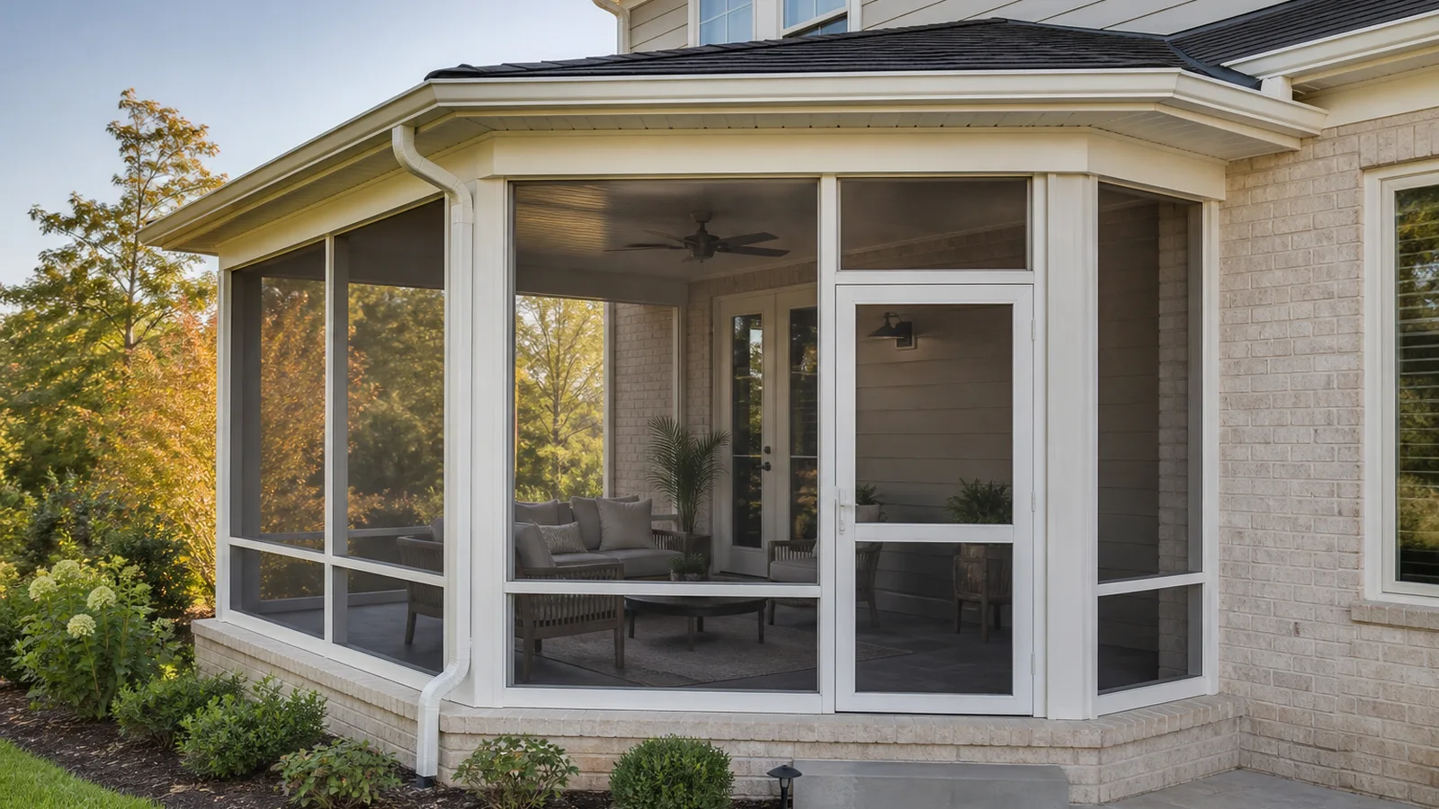 White framed screen room with mesh panels, a screened door, and a light gray tiled floor