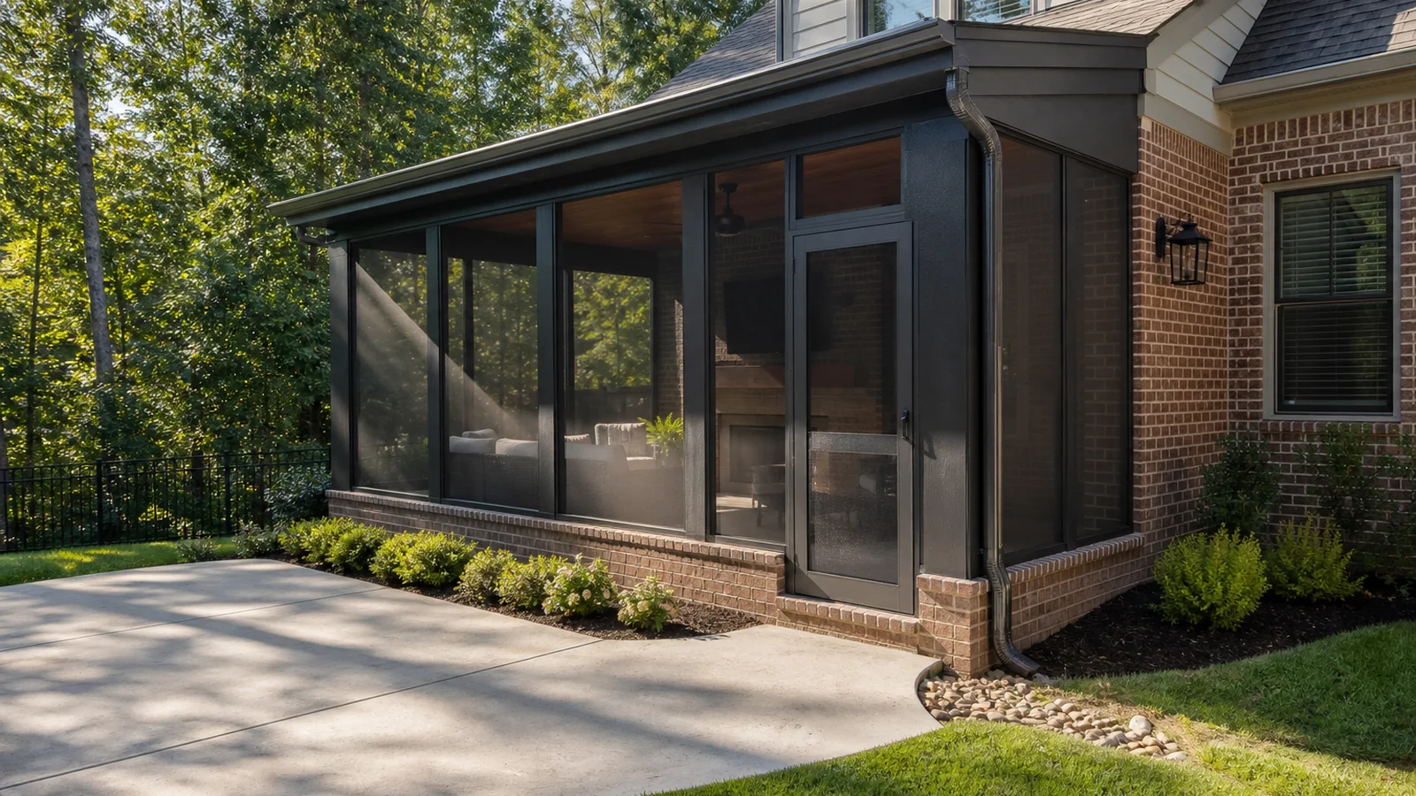 Attached aluminum screen room with a solid roof, eave gutter, and downspout beside a brick home
