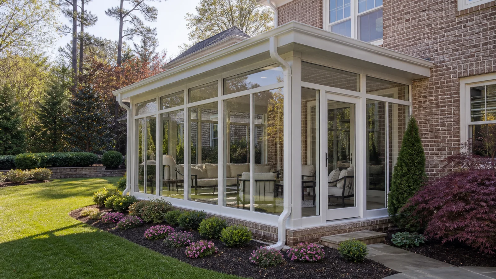 White aluminum and glass sunroom attached to a brick home with a solid roof, gutters, and landscaped drainage