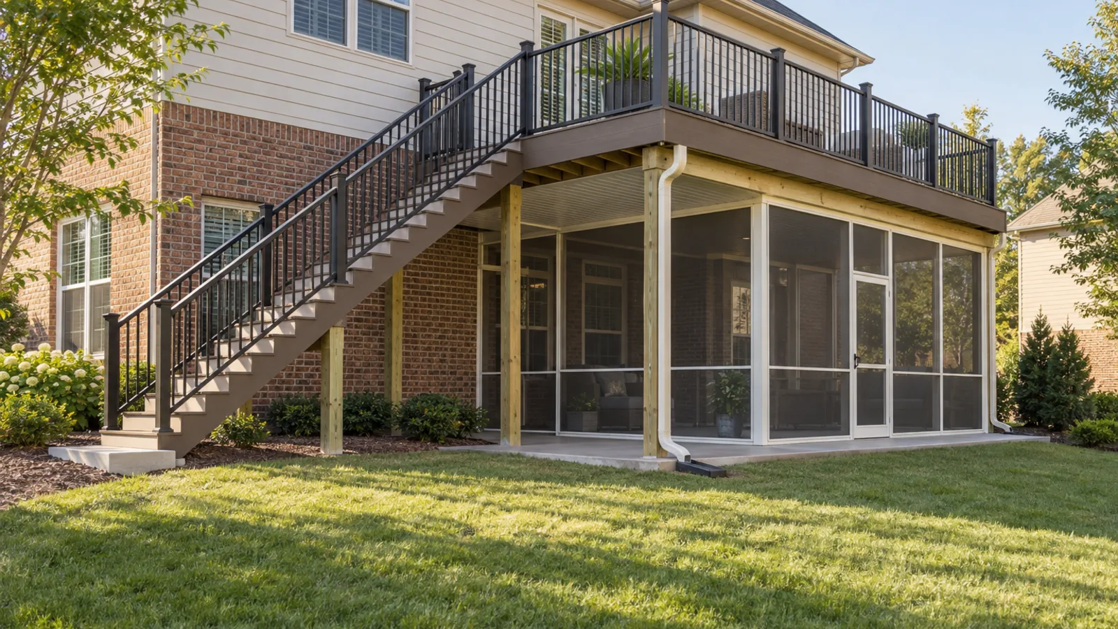 White aluminum screen room beneath an elevated composite deck with stairs, gutter, downspout, and concrete patio