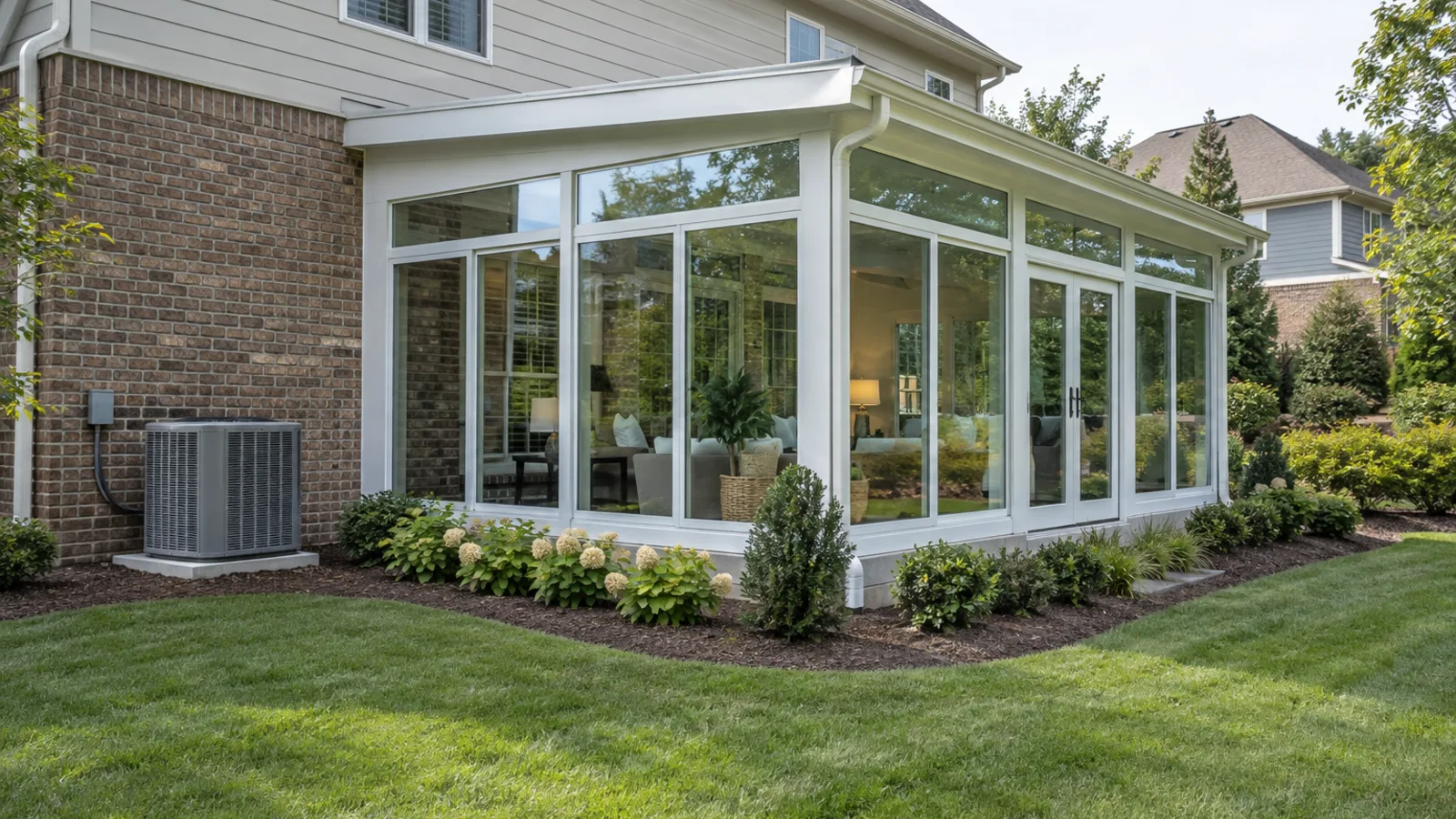 White aluminum-framed sunroom beside a brick-and-siding home with one outdoor heat-pump unit on a separate pad
